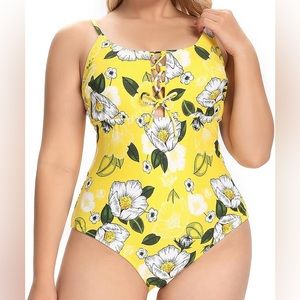 SHEKINI yellow floral Plus Size 1X Lace Up front One Piece Swimsuit NWT